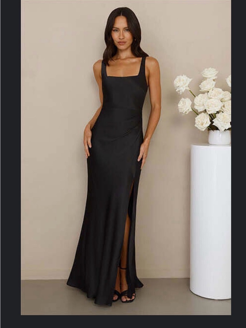 Hello Molly Evelina Satin Maxi Dress Black Square-Neck with Side Slit